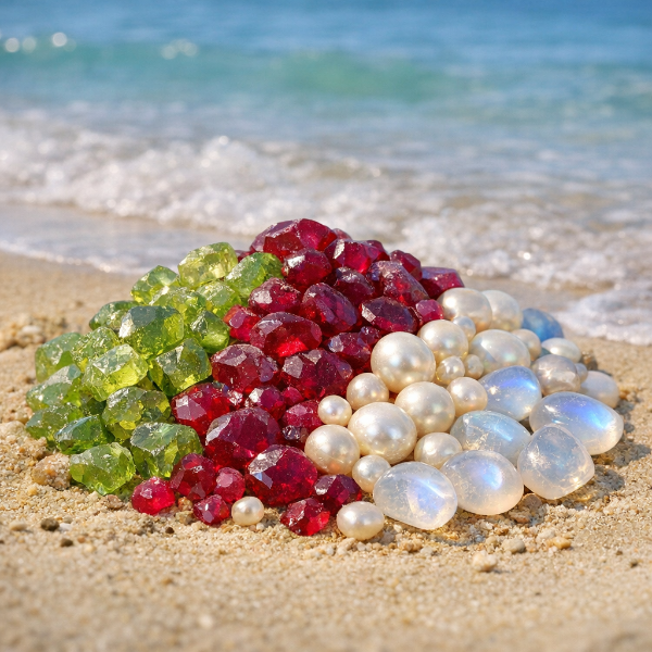 June Pearl and Moonstone, July Ruby, August Peridot